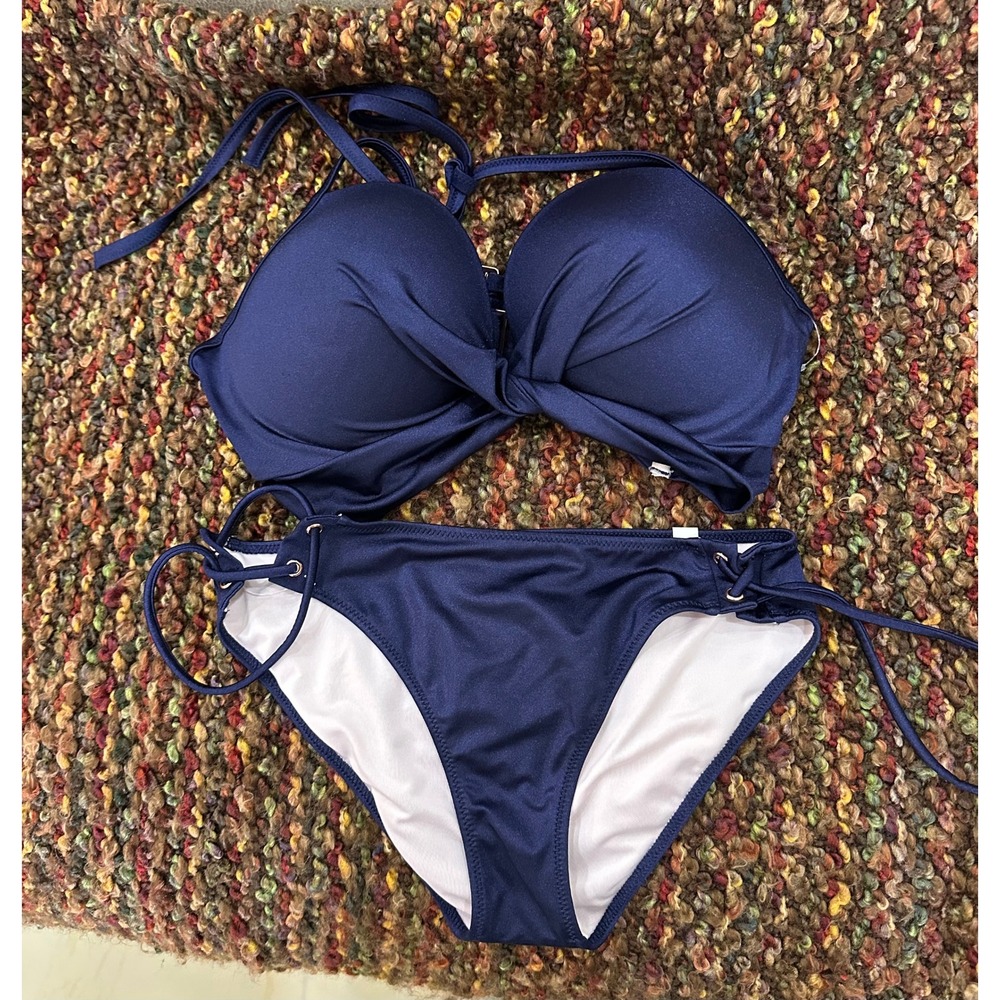 Shade & Shore Bikini Swimsuit Women 36D Navy Blue Good Push Up Halter Side Tie